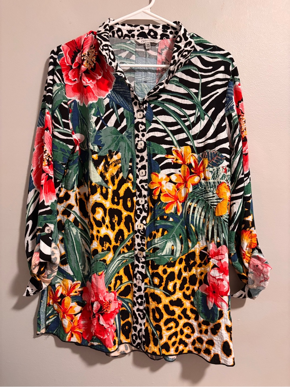 John Mark Tropical Floral Leopard Zebra Button-Down Blouse